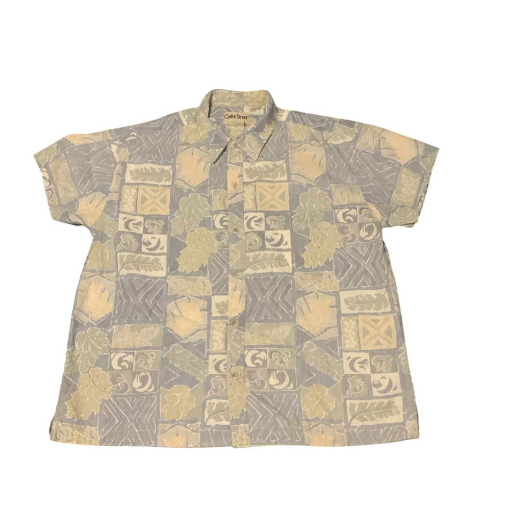 Cooke Street Honolulu Mens XL Blue Tan Tropical Geometric Aloha Shirt Short